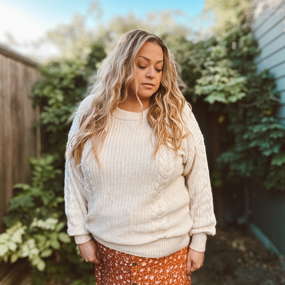 Vintage Cream off white cable knit boho sweater L XL